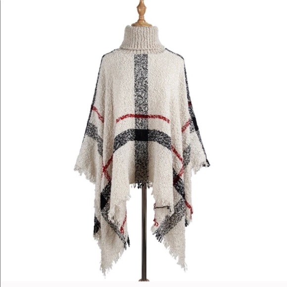 Plaid Turtle Neck Knit Poncho Sweater - Picture 3 of 3